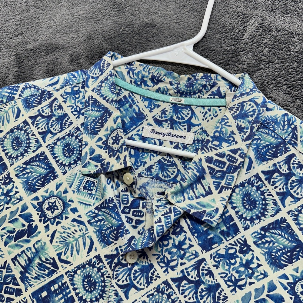 Tommy Bahama Button Down Shirt Mens 3XL Blue Silk Blend Geometric Batik Print